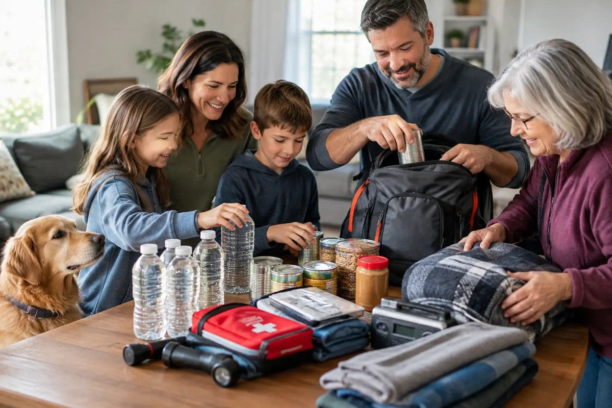 Emergency preparedness supplies with Prepping 101 for Families, including bottled water, first-aid kit, radio, flashlight, food and packed bags.