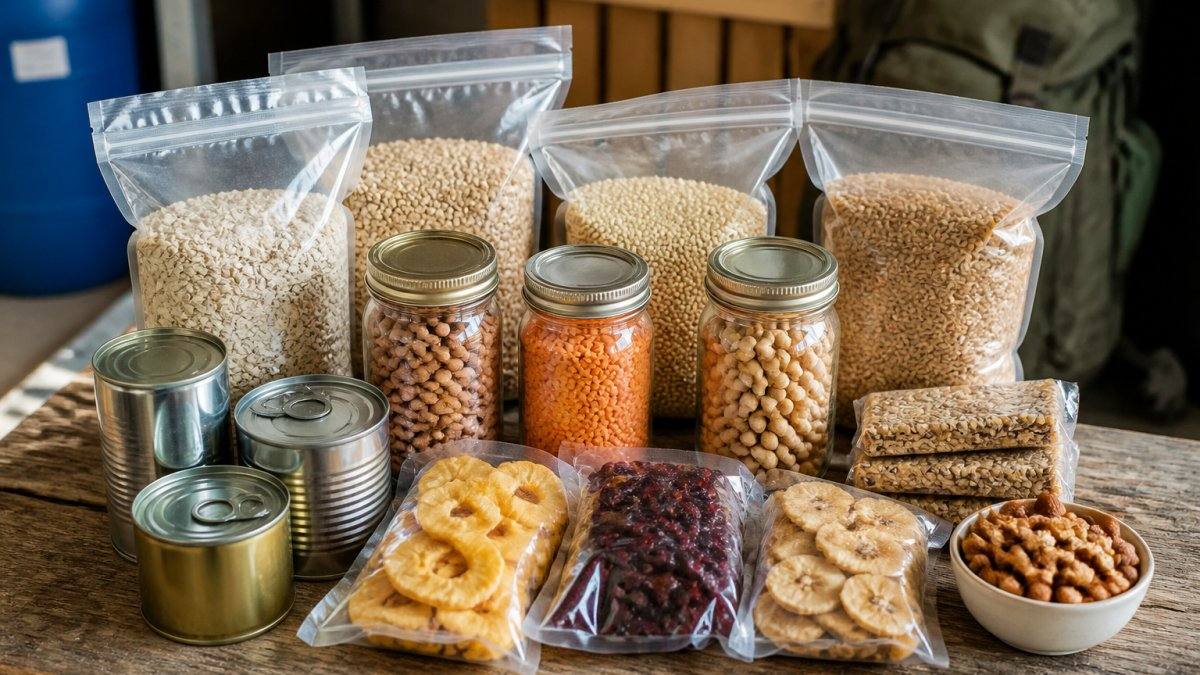 Best Survival Food Options include clear bags of grains and beans, canned goods, dried fruit, crackers, and a bowl of kibble.