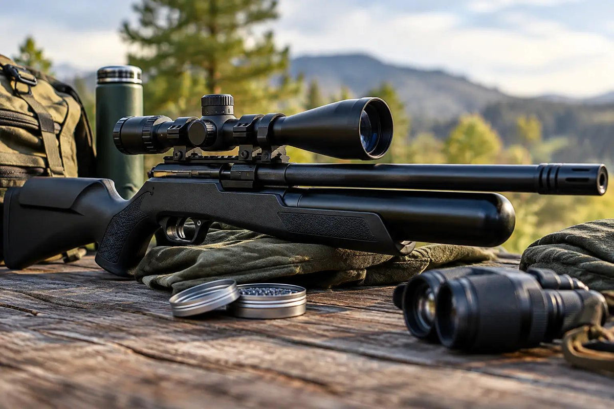 PCP airgun in an emergency, black metal rifle with a mounted scope, textured stock, pellets and binoculars nearby