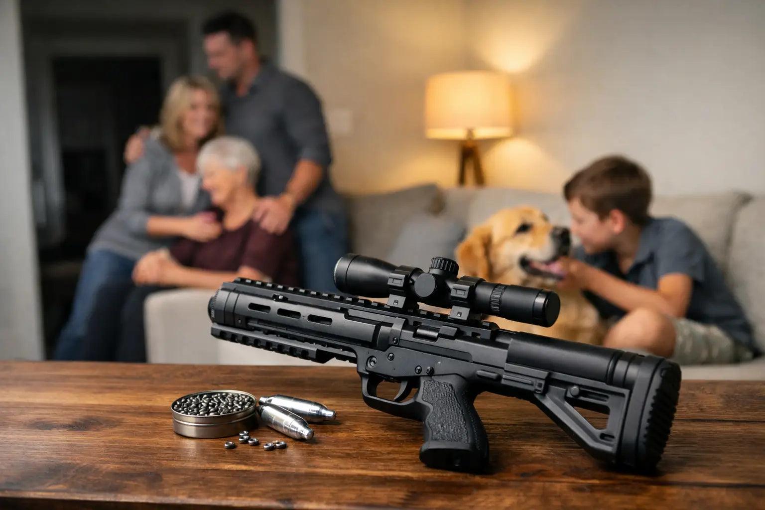 Person holding a home defense airgun indoors for safety discussion