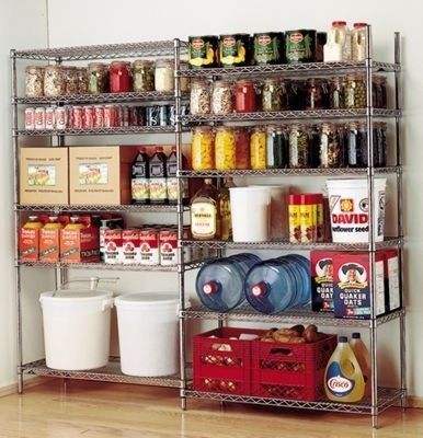 organized long-term food storage supplies with grains, canned goods, and preservation containers for emergency preparedness