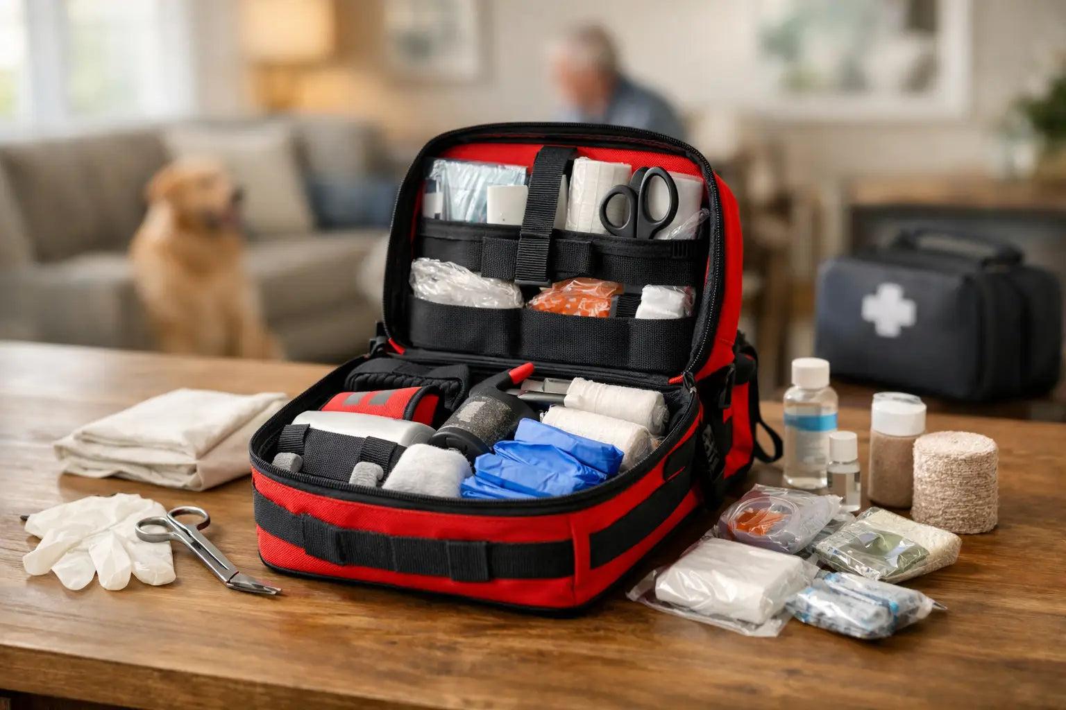 home trauma kit essentials laid out for building a trauma kit at home