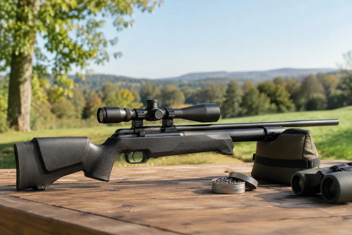 Airgun with black synthetic stock and mounted scope, shown with ammunition tin; Barra Airgun Right for property use.
