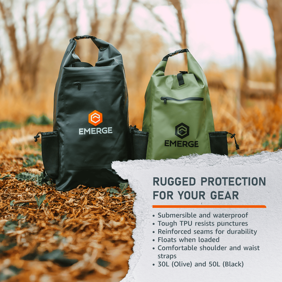 Emerge Survival 50L Heavy Duty Dry Bag w/ Straps - Black 50L Heavy Duty Dry Bag w/ Straps - Black | Emerge Survival