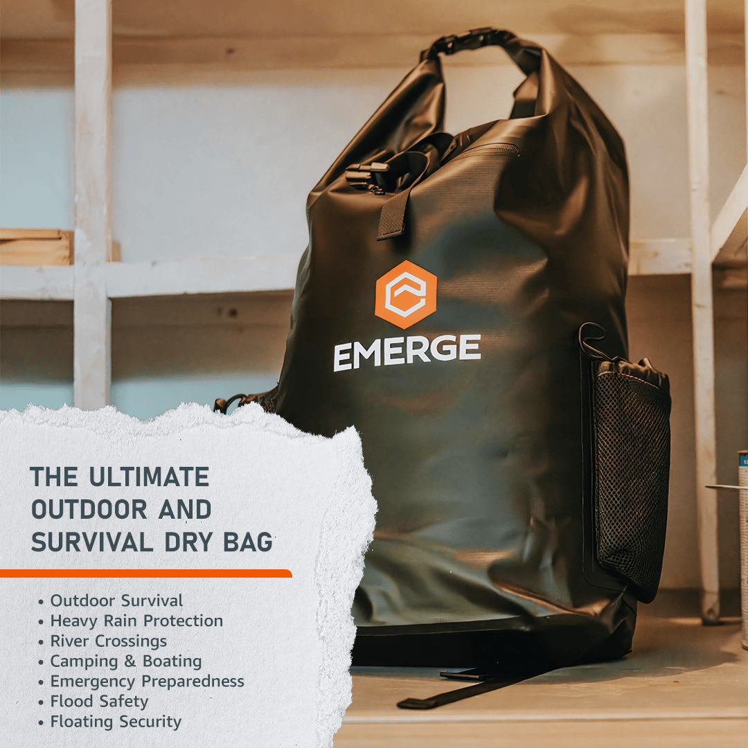 Emerge Survival 50L Heavy Duty Dry Bag w/ Straps - Black 50L Heavy Duty Dry Bag w/ Straps - Black | Emerge Survival