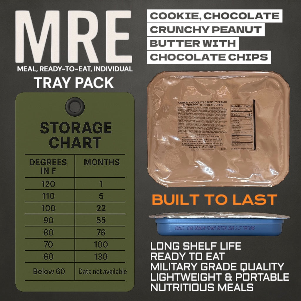 Military MRE Tray Pack, Chocolate Crunchy Peanut Butter Cookies with Chocolate Chips, Ready to Eat (UGR Component)