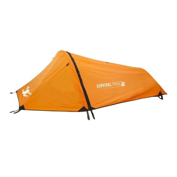 Orange Solo Bivy 1-Person Tent set up outdoors with aluminum poles and rain fly cover