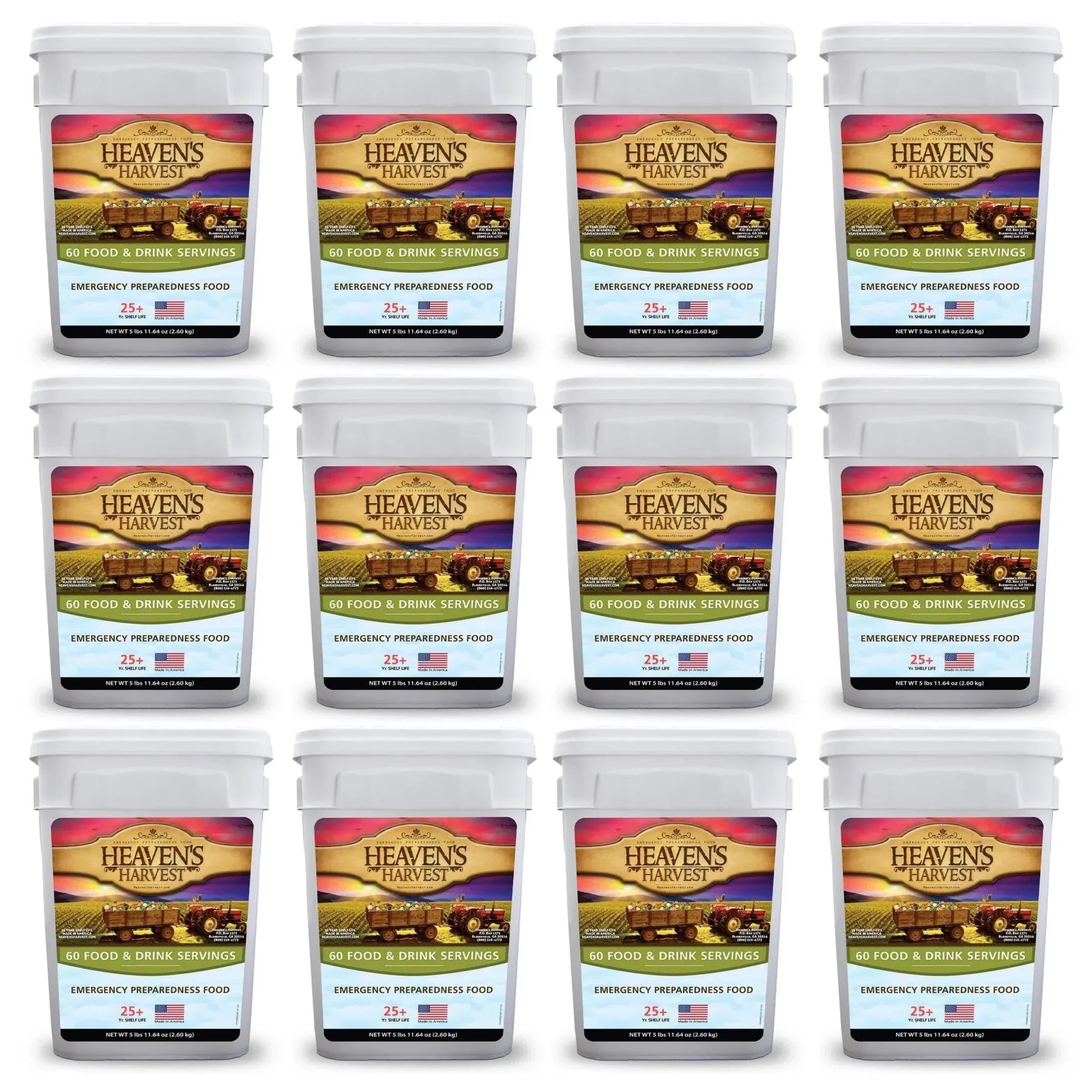 Twelve-week emergency food kit with 720 freeze-dried servings in 12 stackable buckets