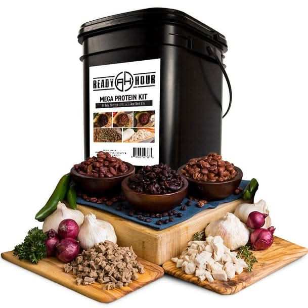 Pack of 3 Ready Hour Mega Protein Kit with freeze dried beef, chicken, beans in resealable pouches, 72 servings, emergency food supply in rugged bucket