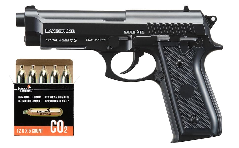 Lancer Tactical Air Pistols Lancer Tactical Air Pistol Saber Beretta X92 Full Steel CO2 Airgun Pistol w/High Pressure 12 Gram & Bag of Metal BBS (480 FPS) Lancer Tactical Saber Beretta X92 CO2 BB Pistol