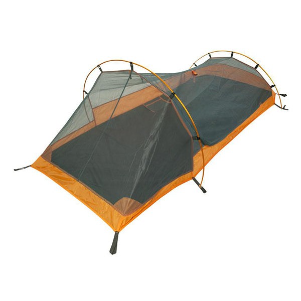 Orange Solo Bivy 1-Person Tent pitched outdoors with stakes and lightweight setup poles