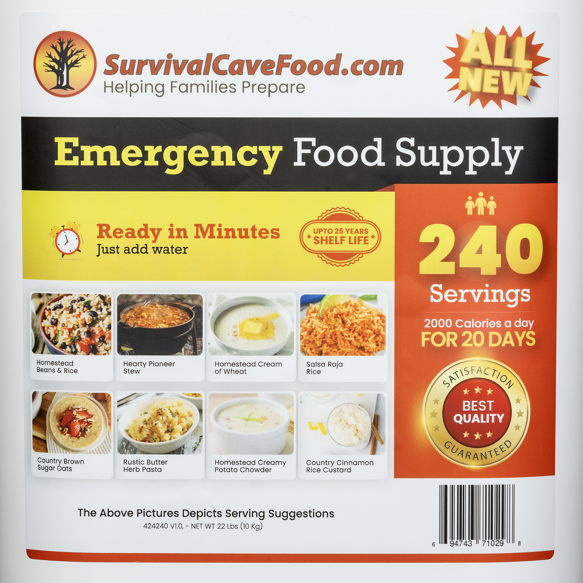 Survival Cave Ultimate 240-Serving Emergency Meal Kit | 25-Year Shelf Life | High-Calorie Survival Food Made in USA