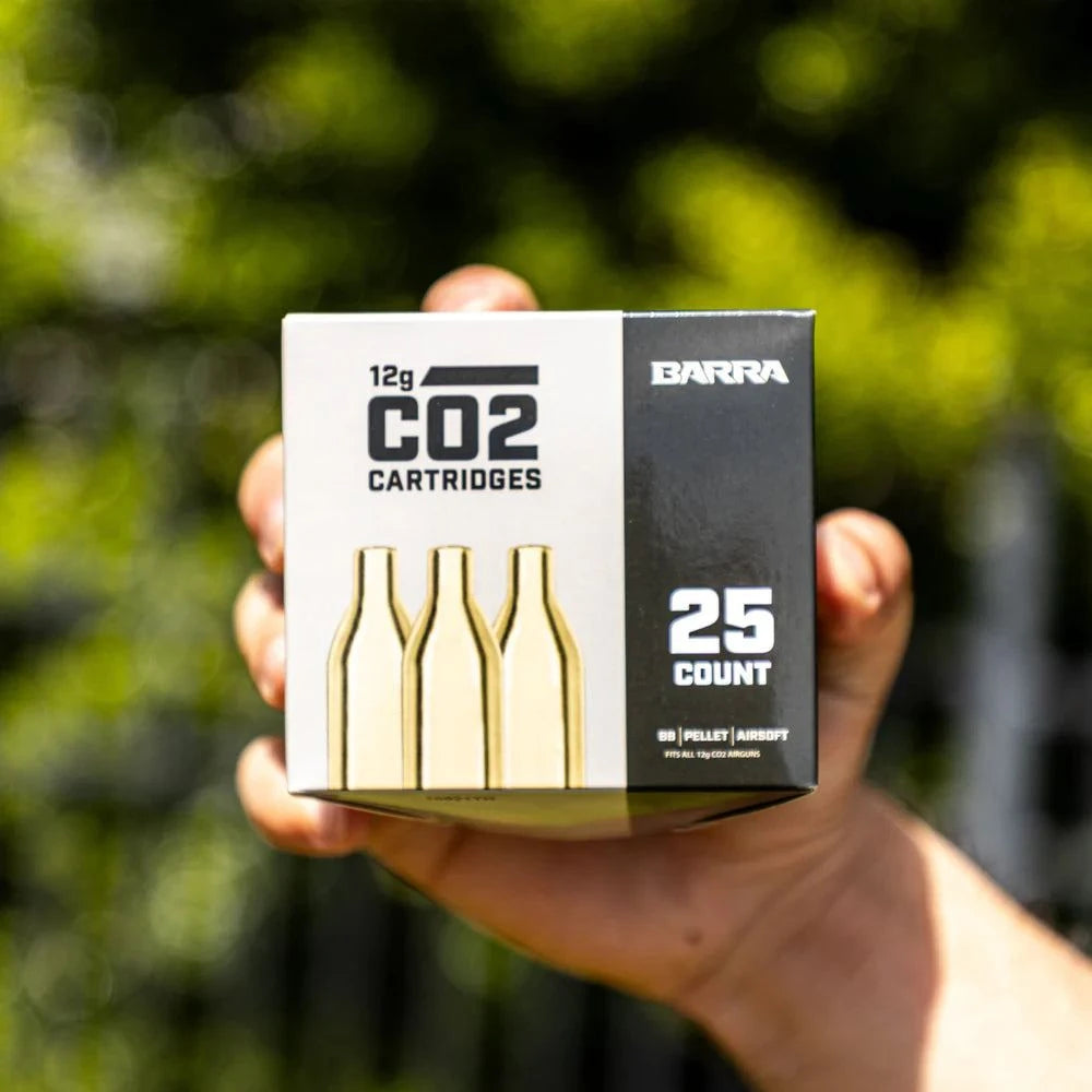 Barra CO2 cartridges 25 pack for compatible airguns with responsible use notice