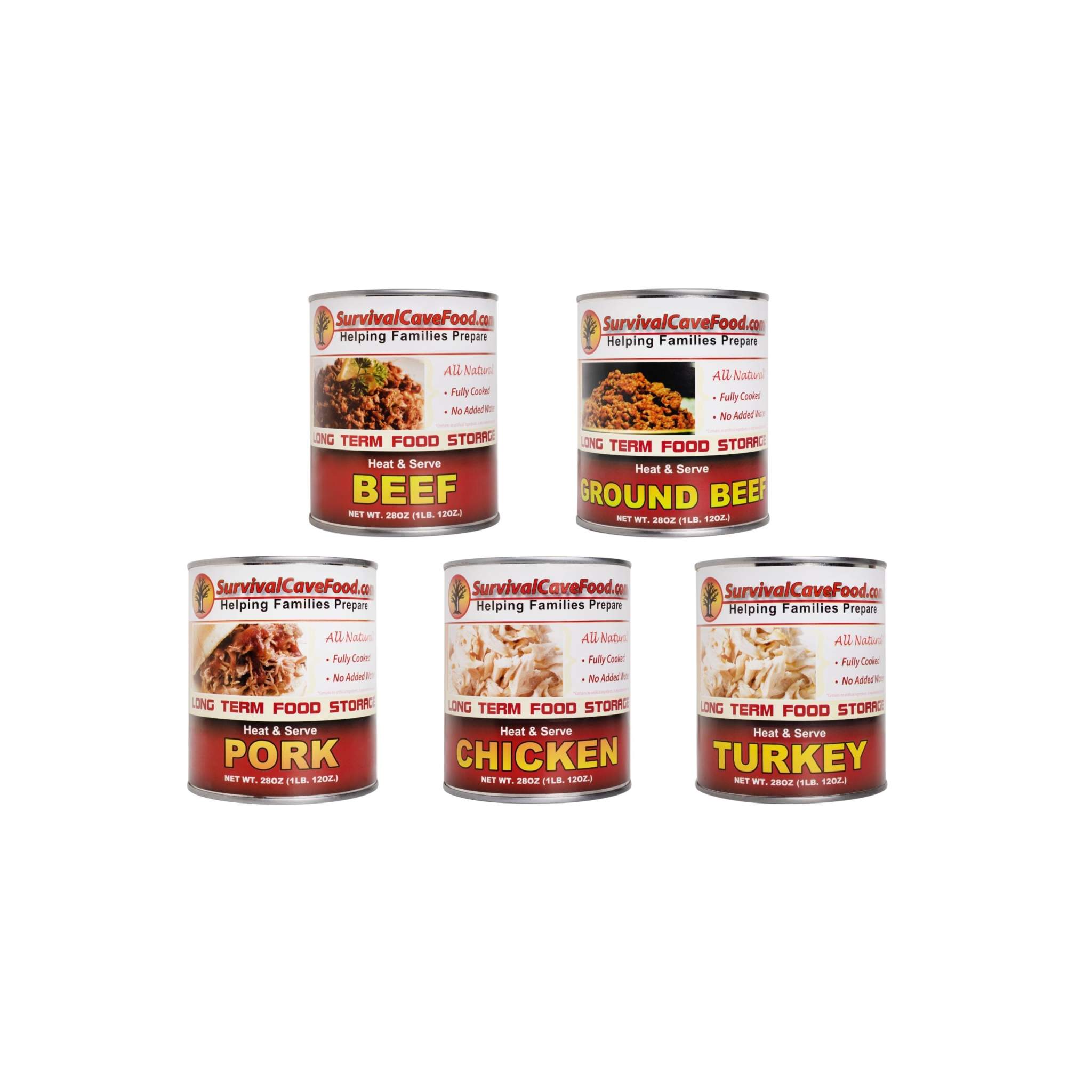 Survival Cave Mixed 12 pack ready-to-eat canned meats including chicken, turkey, pork, and ground beef in 28 oz cans