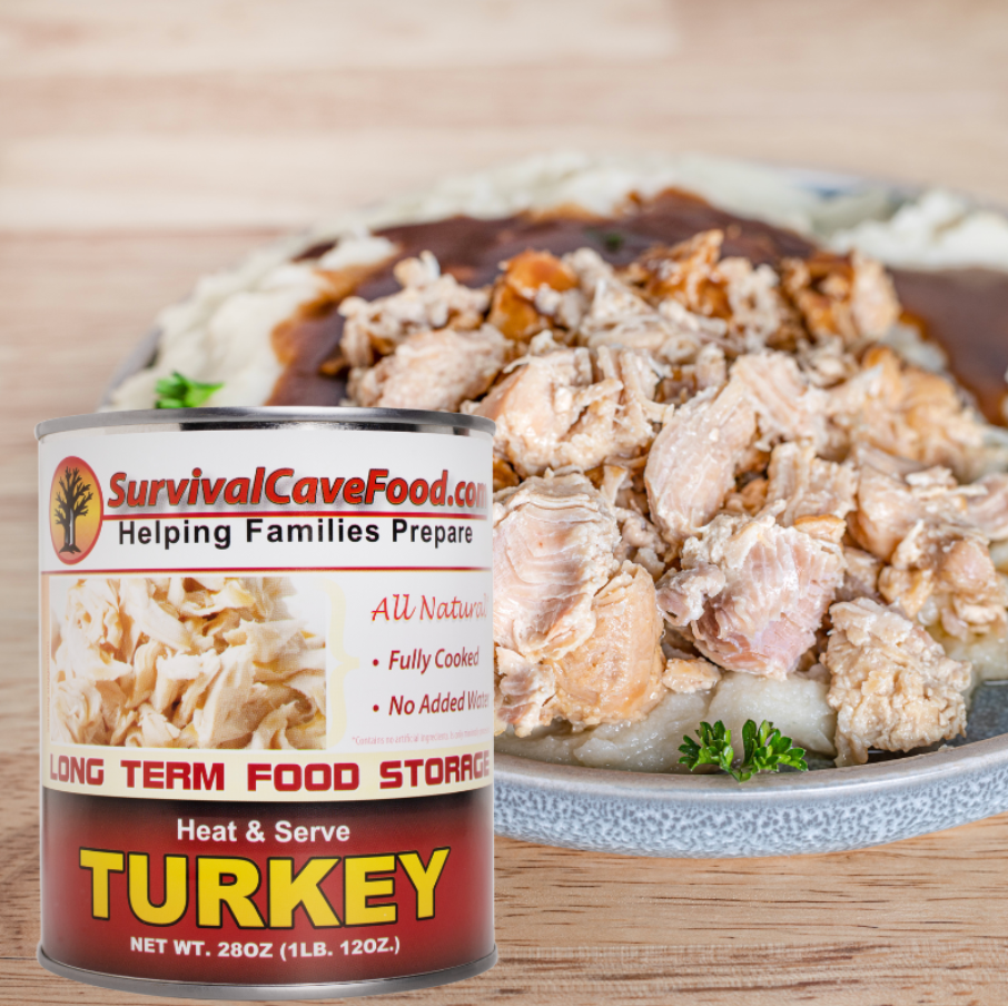 Survival Cave Turkey 12-pack 28 oz cans ready-to-eat all natural canned turkey meat for long-term food storage