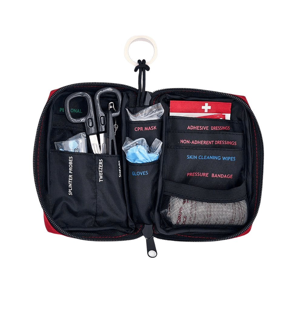Compact First Aid Core kit with medical supplies, water-resistant case, and CPR guide for emergencies
