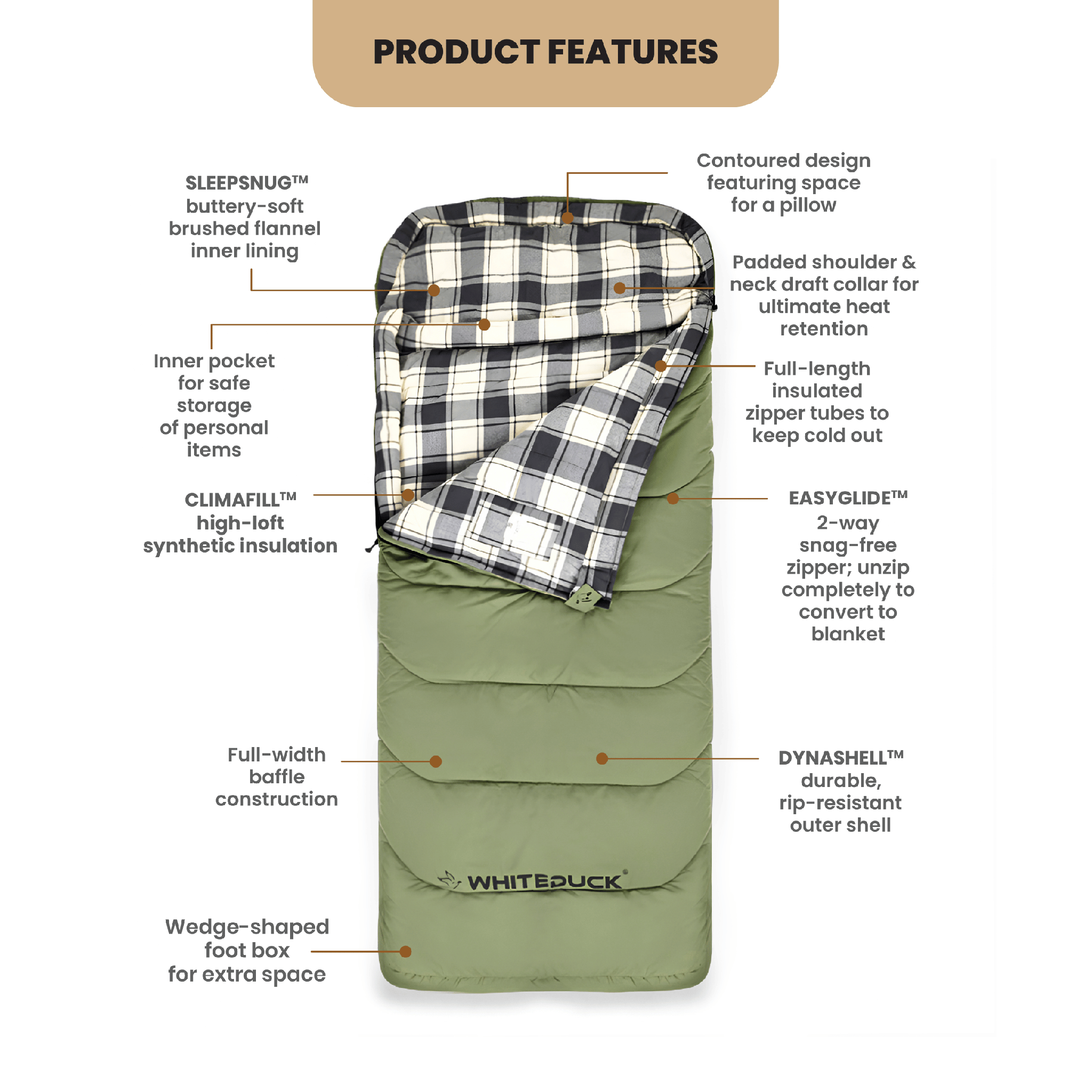 Slumbernest™ Sleeping bag with durable outer shell and soft flannel lining for outdoor camping
