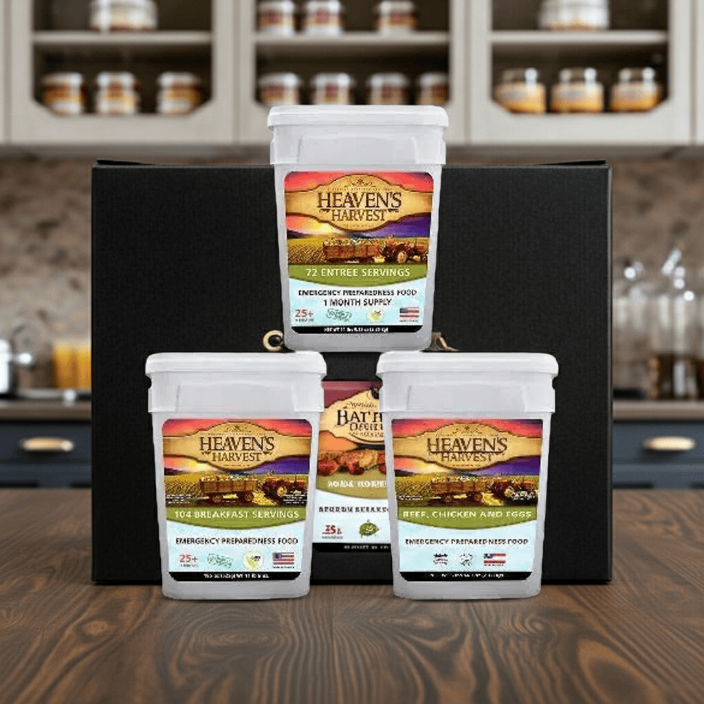 Heaven's Harvest 1 Month Combo Kit emergency food storage kits with three buckets of freeze-dried meals and proteins