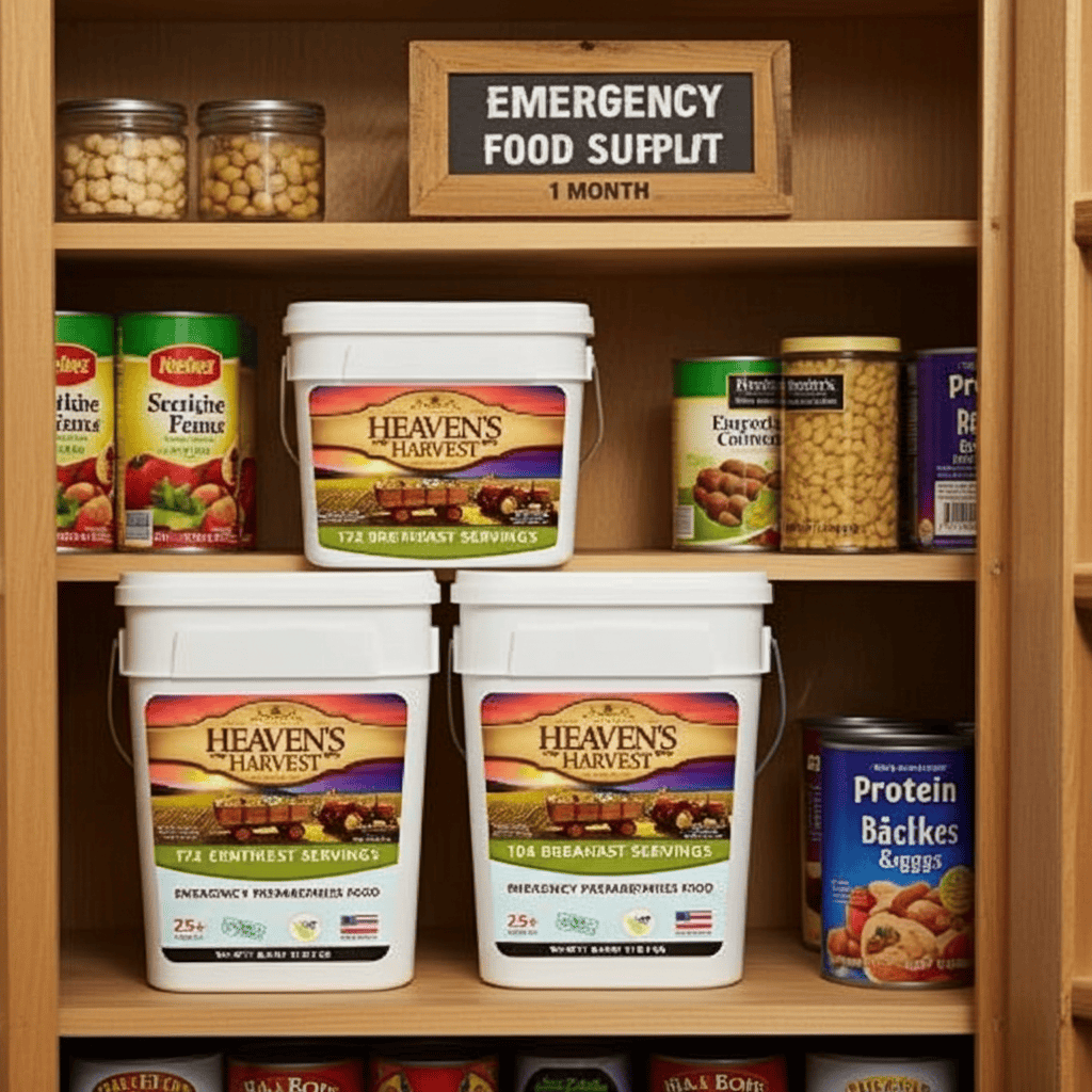 Heaven's Harvest 1 Month Combo Kit emergency food storage kits with three buckets of freeze-dried meals and proteins, 308 servings, 25-year shelf life, made in USA