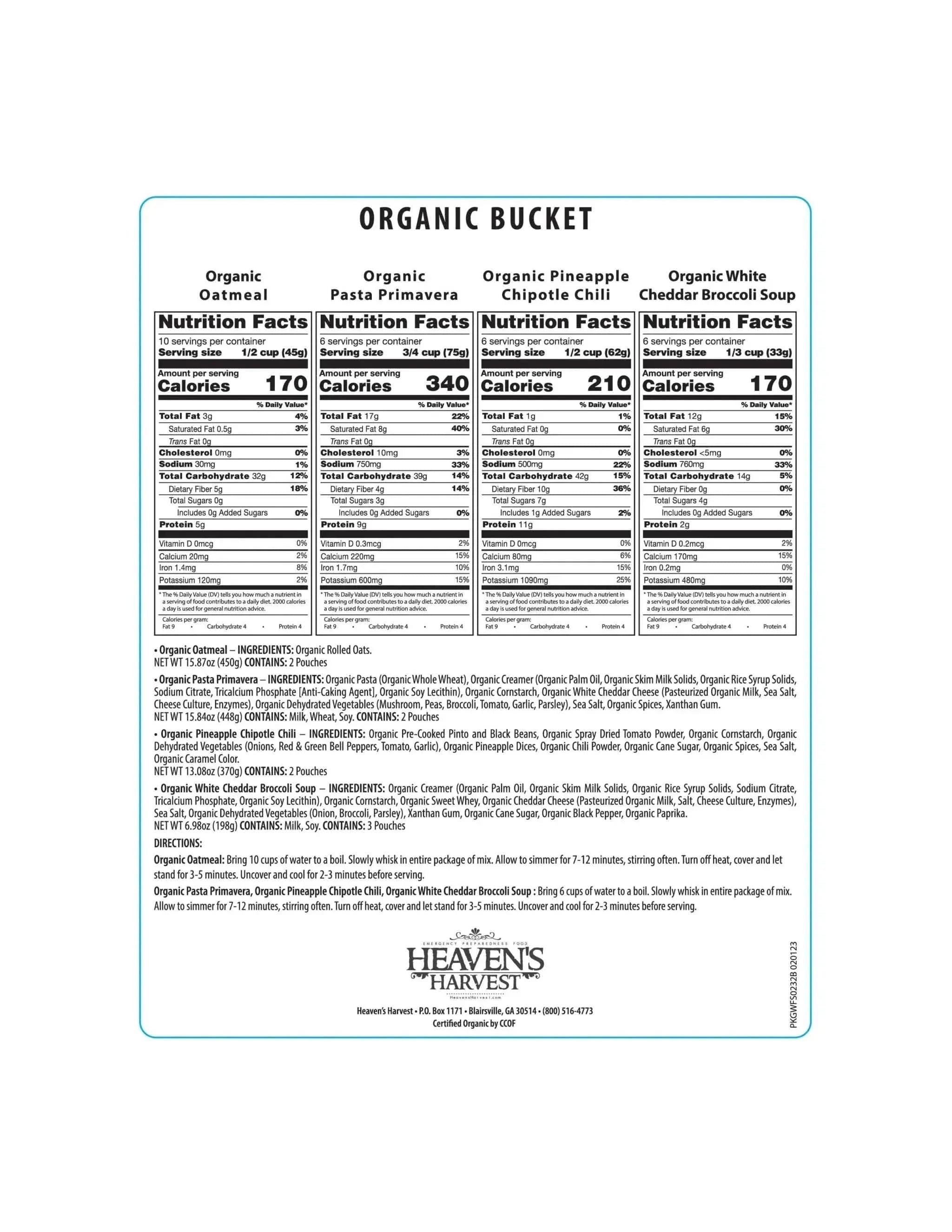 Heaven's Harvest Emergency and Survival Food 3 Pack Organic Kit Organic Kit - 3 Pack Organic Freeze-Dried Survival Food with 186 Servings