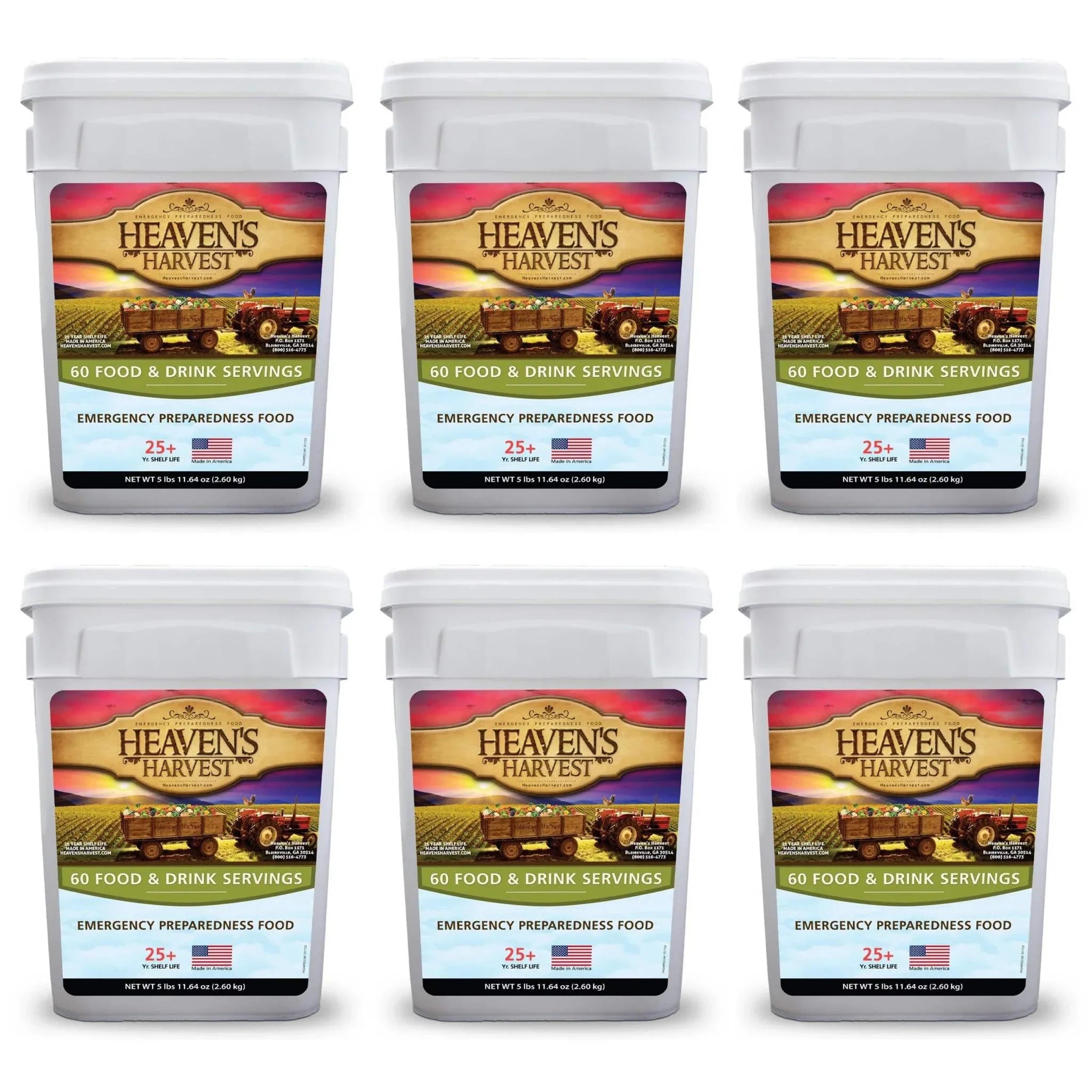 Six Week Kit emergency food supply with six buckets of freeze-dried meals and drink mixes totaling 360 servings