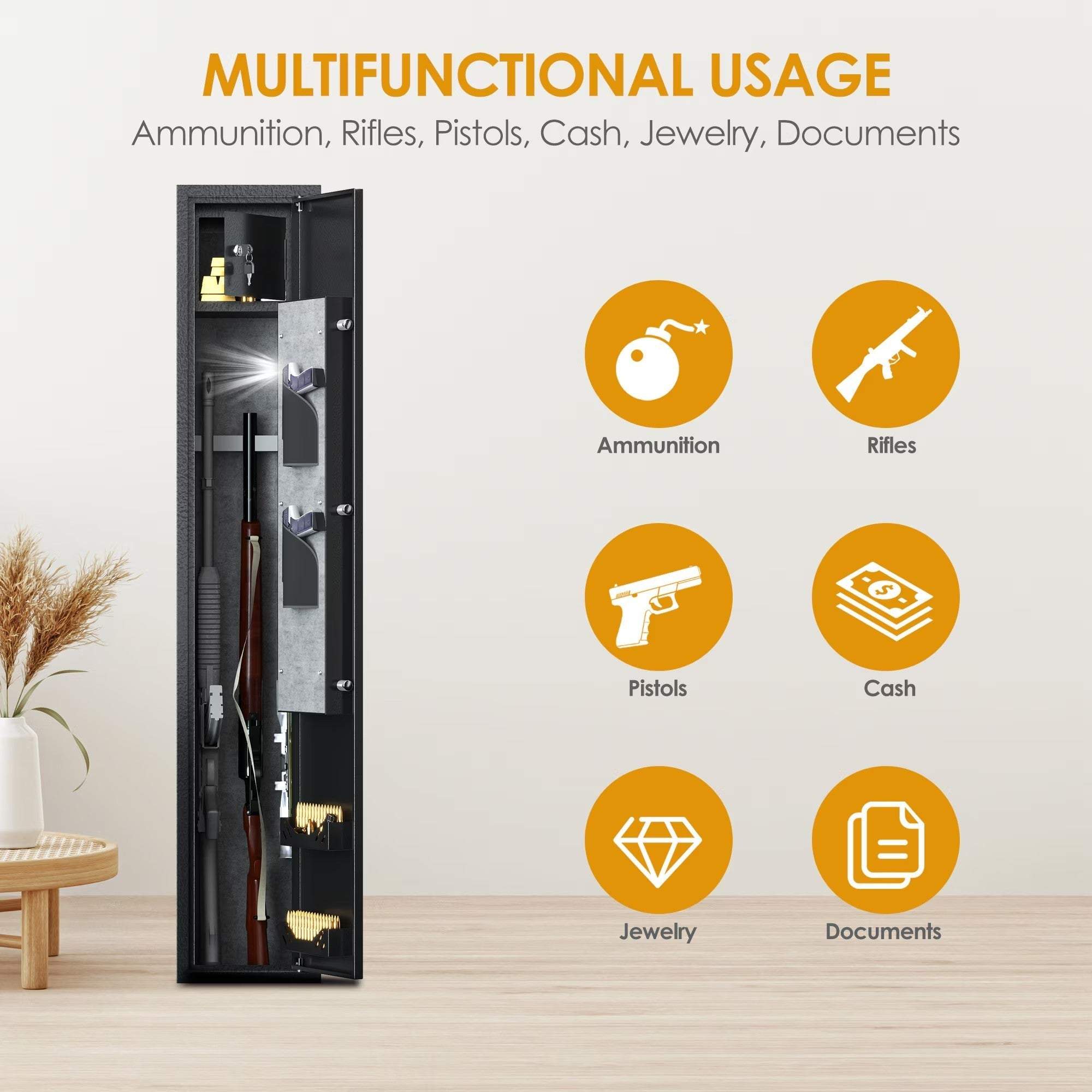 Biometric Rifle & Pistol Safe with LED Light and Alarm
