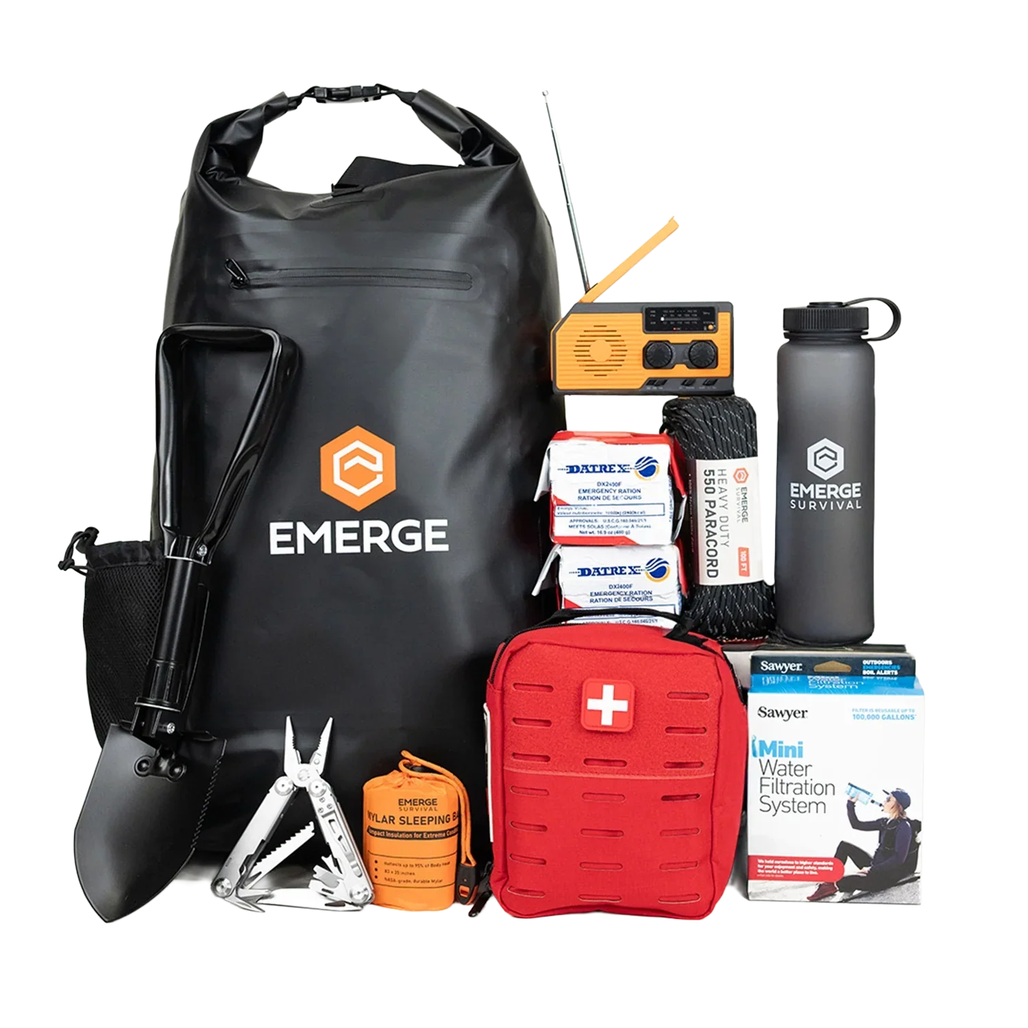 Emerge Survival 72 Hour Kit with food, water, first aid, and tools for emergencies