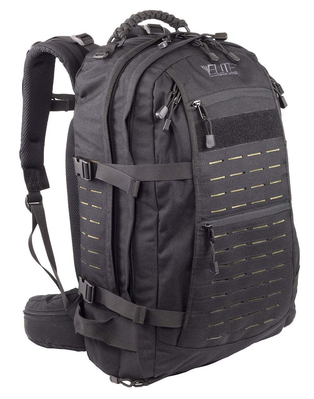 Elite Survival Systems Mission Backpack 43L in black with multiple compartments and MOLLE loops
