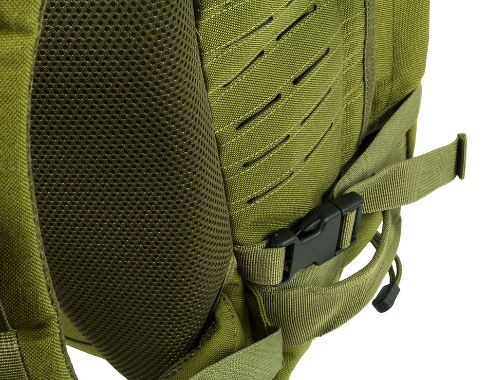 Mission Backpack 43L durable 3-day survival pack with multiple compartments, MOLLE loops, hydration system, compression straps, and rain cover in black, tan, and olive.