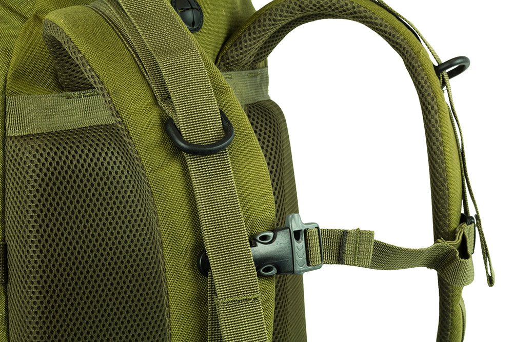 Mission Backpack 43L in black with multiple compartments, MOLLE loops, hydration compartment, compression straps, and rain cover.