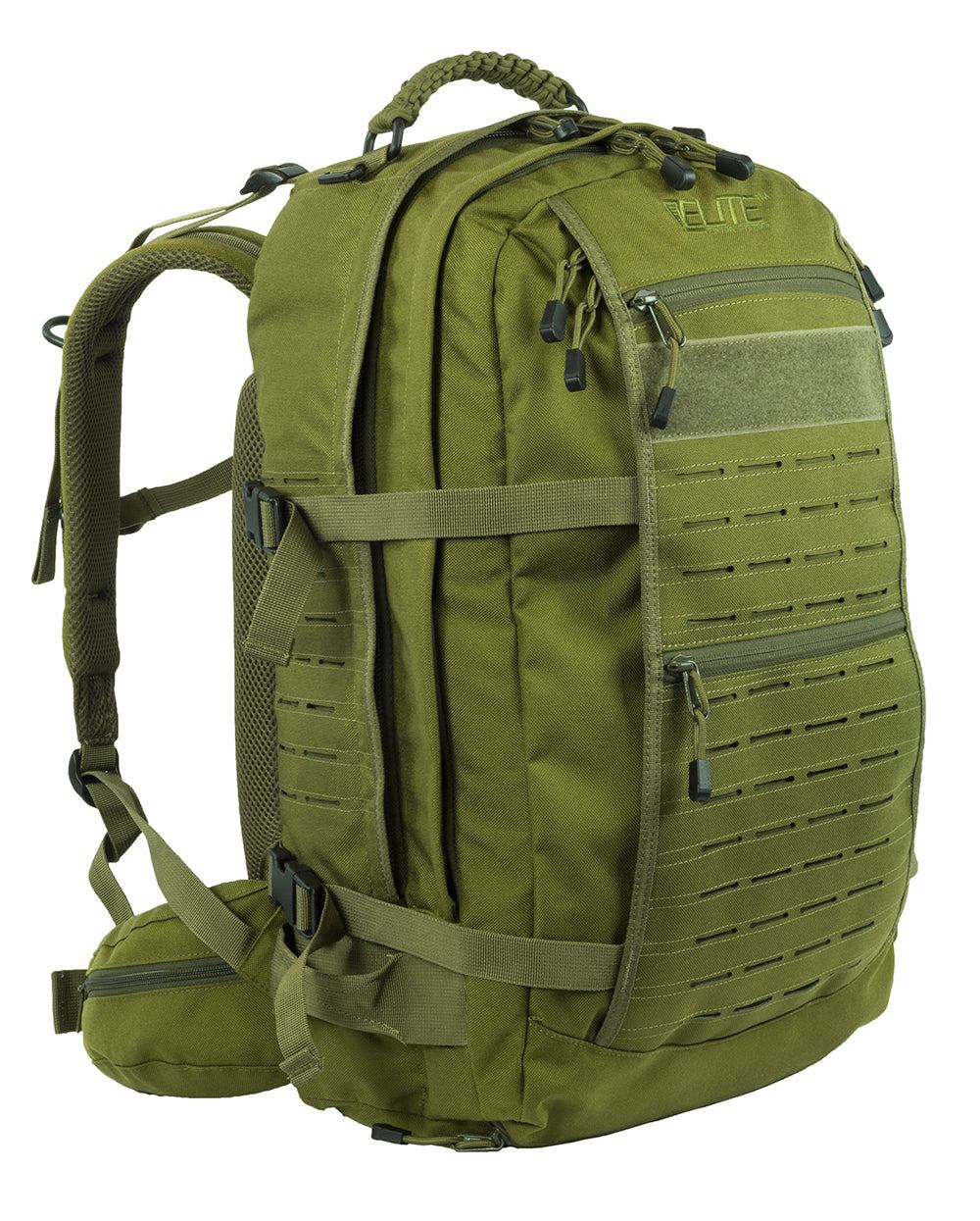 Mission Backpack 43L black heavy-duty survival pack with multiple compartments and MOLLE loops