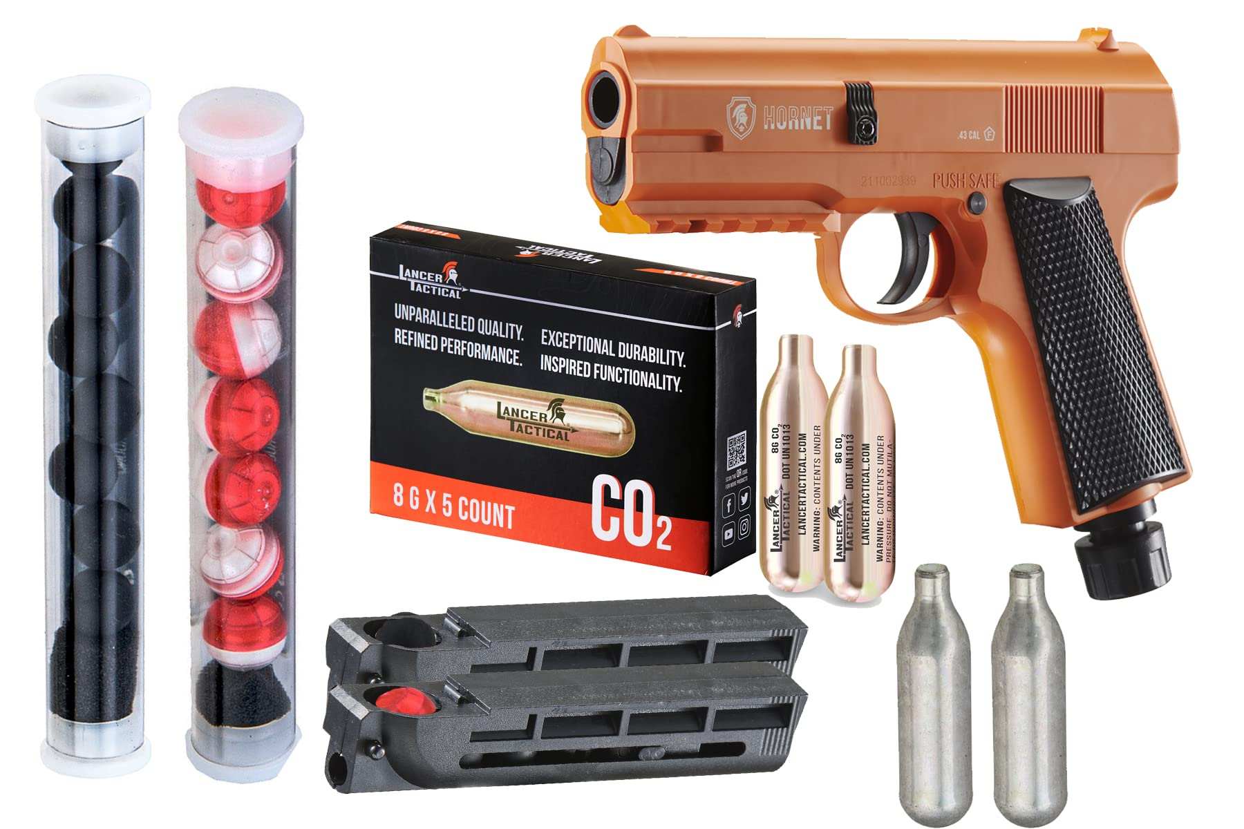 Lancer Self Defense Hornet 0.43 Cal orange and black less lethal home defense launcher with tactical rail and CO2 cartridges