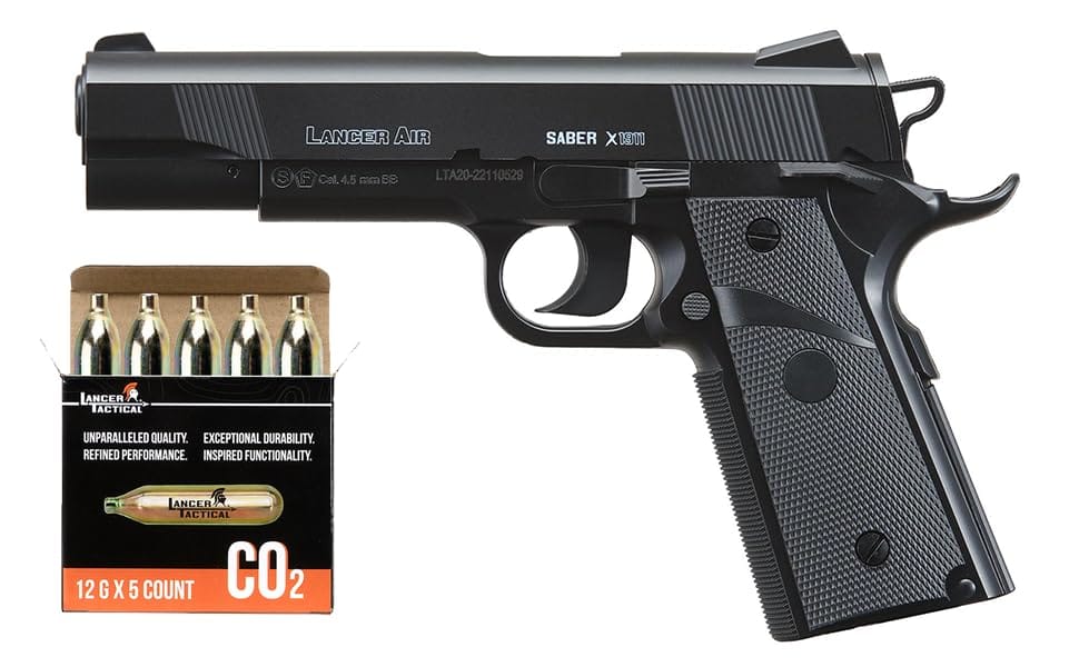 Lancer Tactical Air Pistols Lancer Tactical Air Pistol Saber X1911 CO2 Airgun Pistol-480 FPS w/High Pressure 12 Gram & Bag of Metal BBS Lancer Tactical Saber X1911 CO2 BB Pistol - 480 FPS