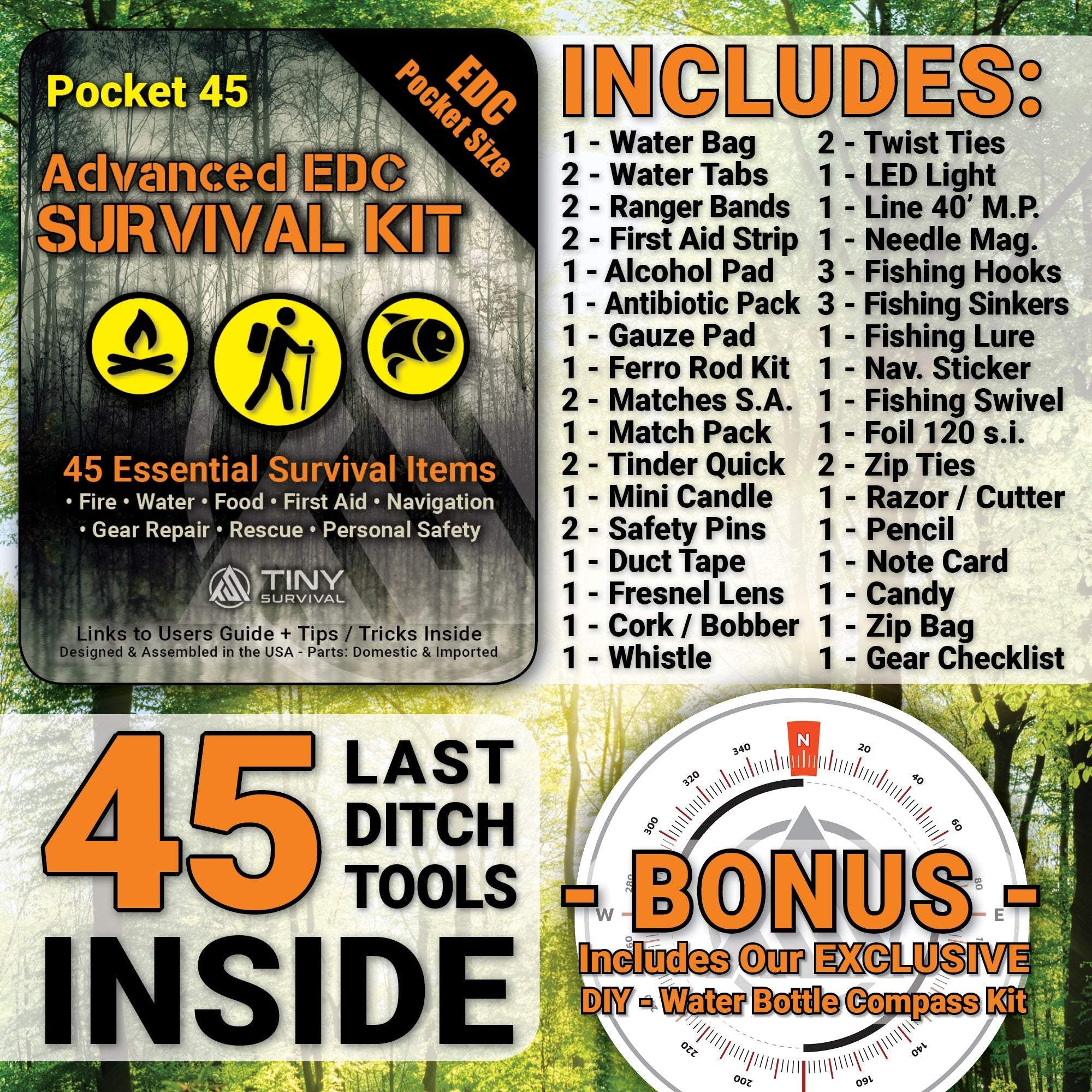 Compact Pocket 45 Survival Kit with 45 essential emergency tools in a waterproof zip bag