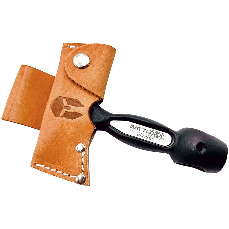 BattlBox Skachet multi-use survival tool with 3.5-inch 65MN carbon steel blade and leather sheath