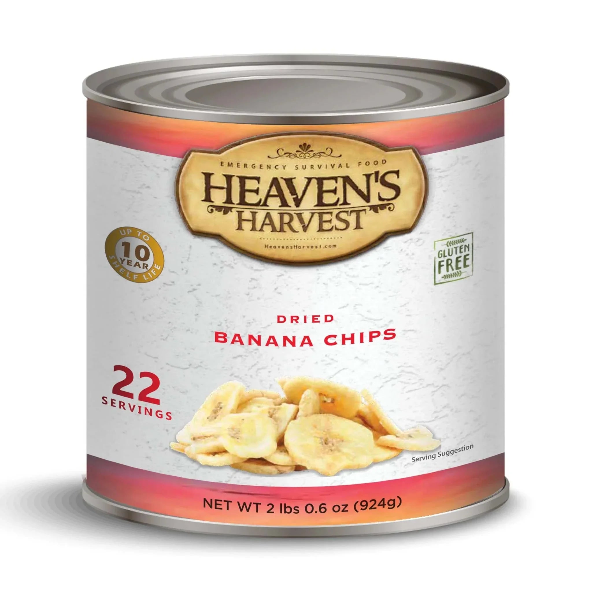 Can of sweet dried banana chips with 22 servings, gluten-free and no added sugar