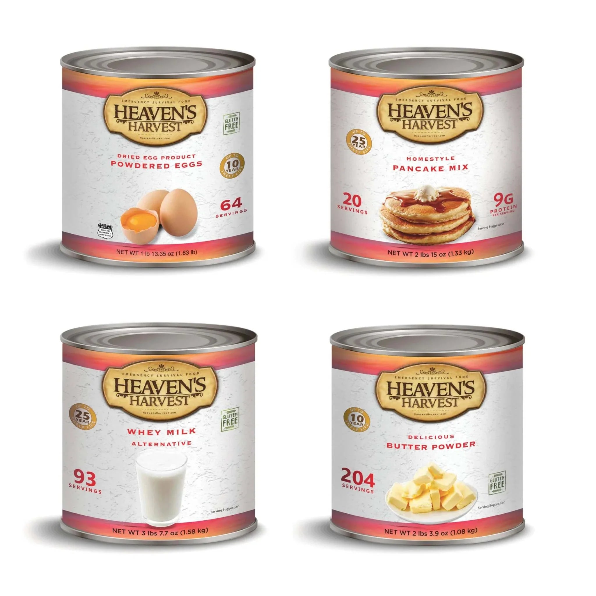 Breakfast bundle with four #10 cans of freeze-dried pancakes, eggs, butter, and whey milk