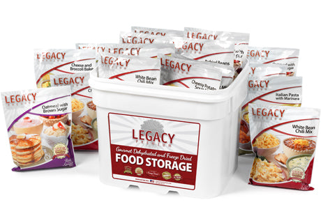 31 lb bucket of 120 serving breakfast, lunch, and dinner emergency meals with non-GMO freeze-dried pouches