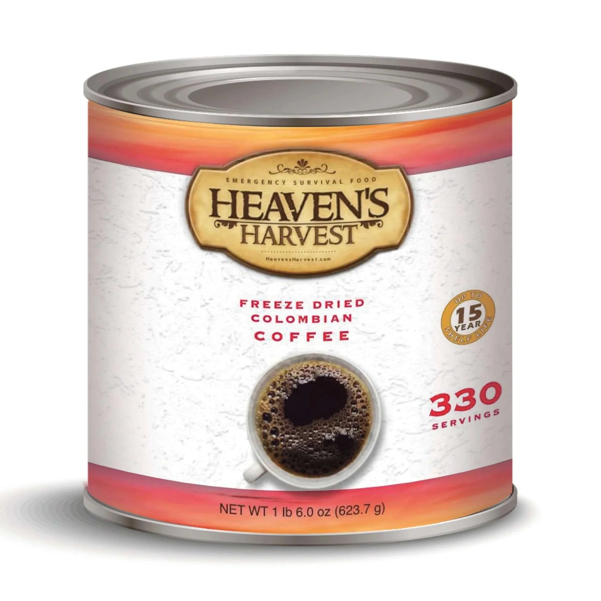 #10 can of 100% freeze-dried Colombian coffee with 330 servings and 15-year shelf life