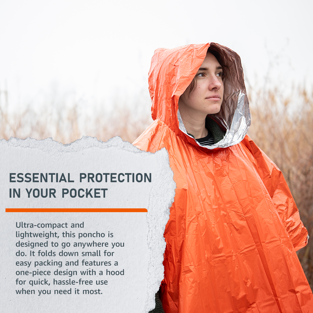 Lightweight heat-reflective Mylar Poncho protecting against wind and rain for survival use
