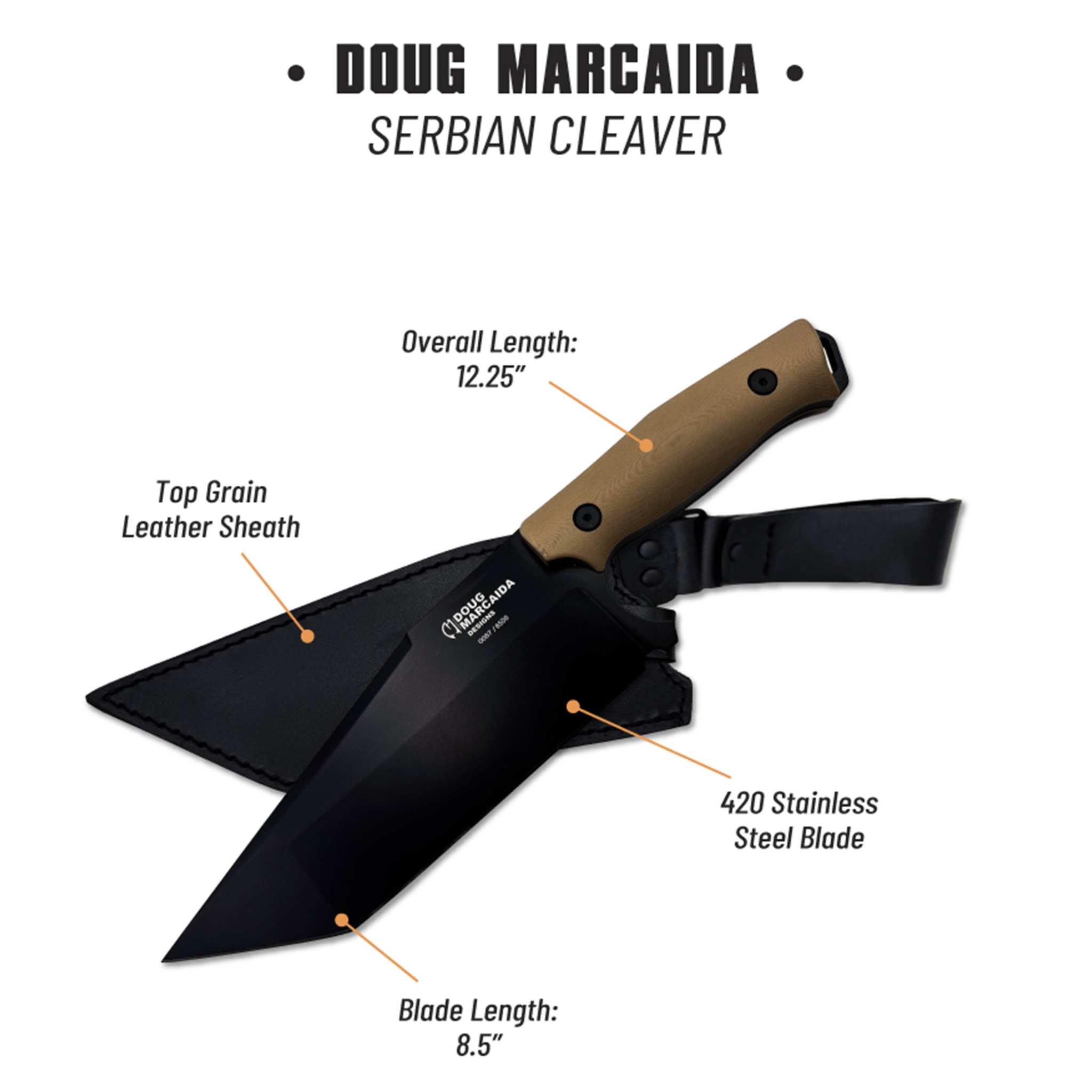 Doug Marcaida Cleaver large outdoor and self-defense knife with 8.5-inch stainless steel blade and leather sheath