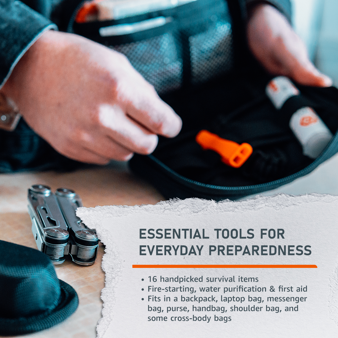 Compact Every Day Carry (EDC) kit with first aid, fire-starting, and water purification essentials in tan and black colors