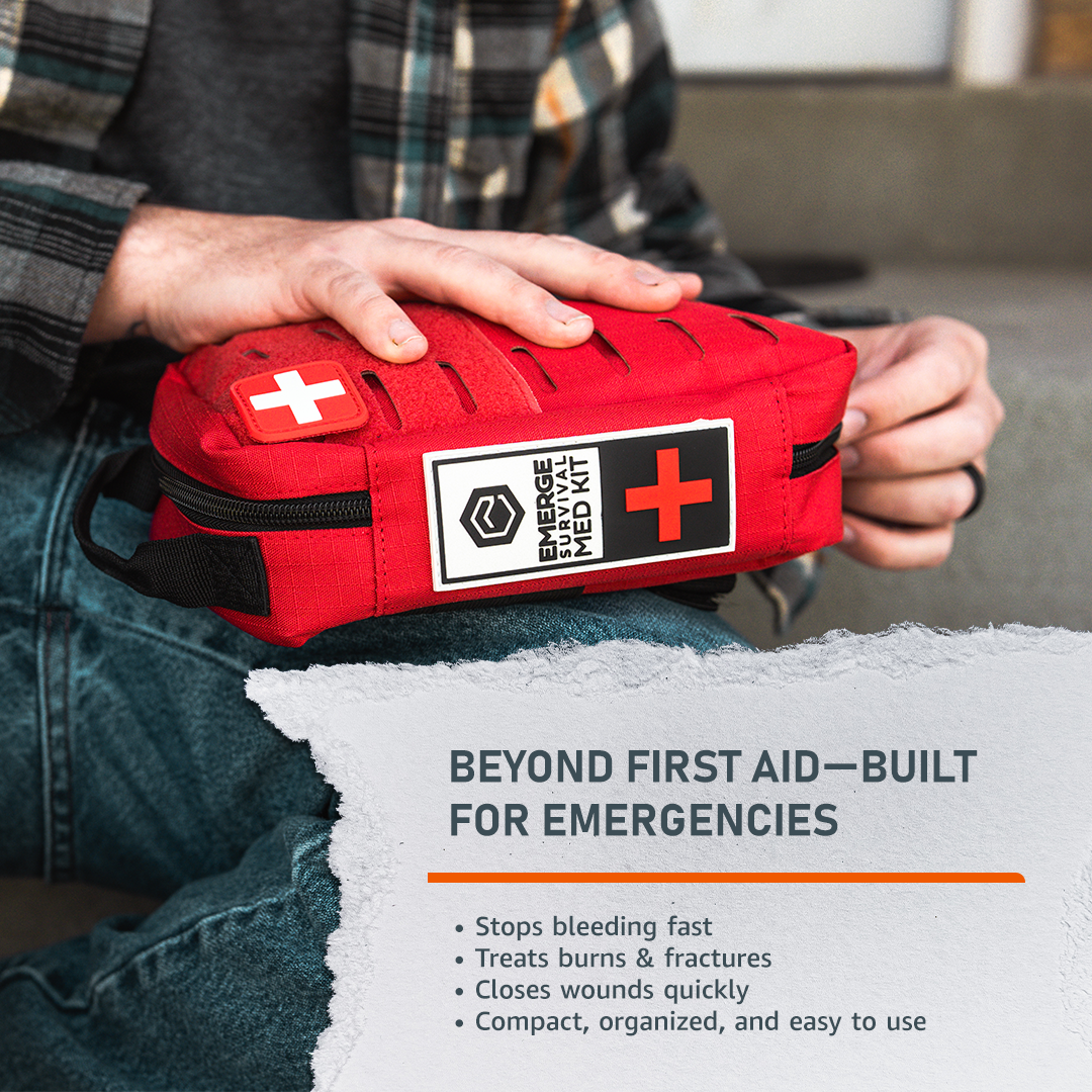 Compact Emergency Med Kit with over 115 medical supplies for family first aid and quick, organized care