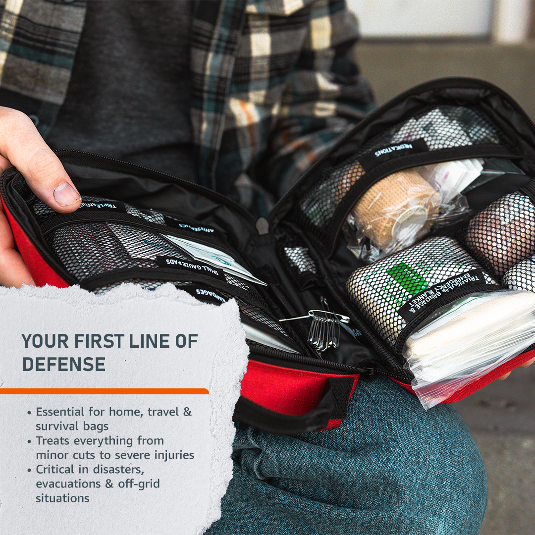 Compact emergency med kit with over 115 medical supplies for family first aid and quick injury care