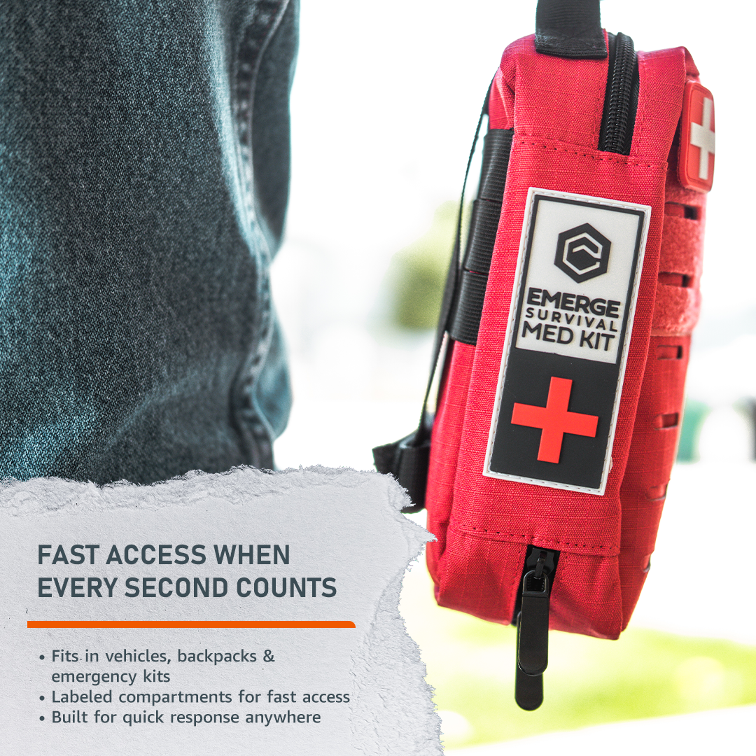 Compact emergency med kit with over 115 medical supplies for family first aid and quick response