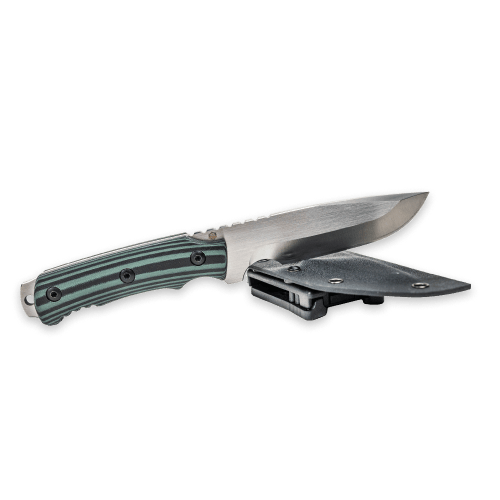 Survival knife with 4-inch drop point 9CR18MOV steel blade and G10 handle in Kydex sheath