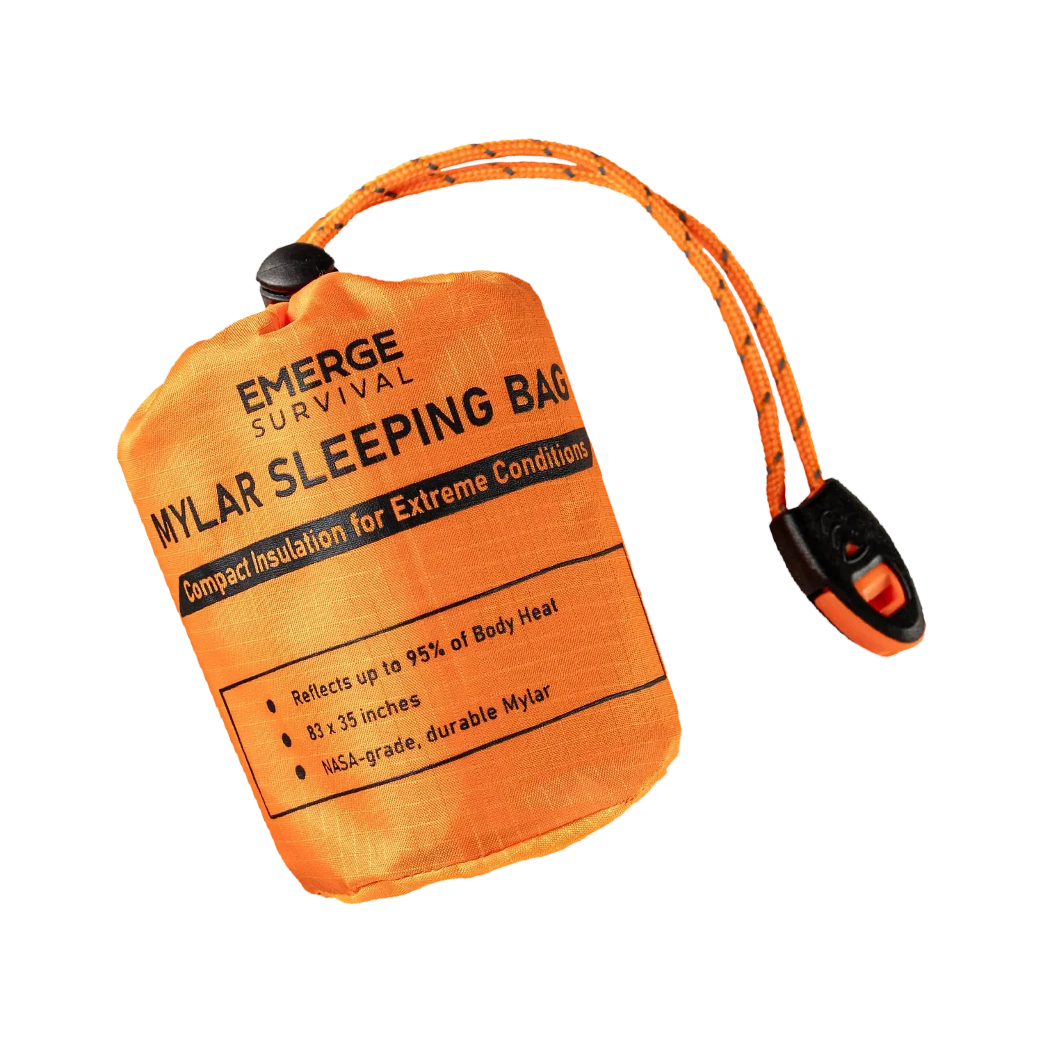 Compact waterproof emergency sleeping bag reflecting 90% body heat with paracord and whistle