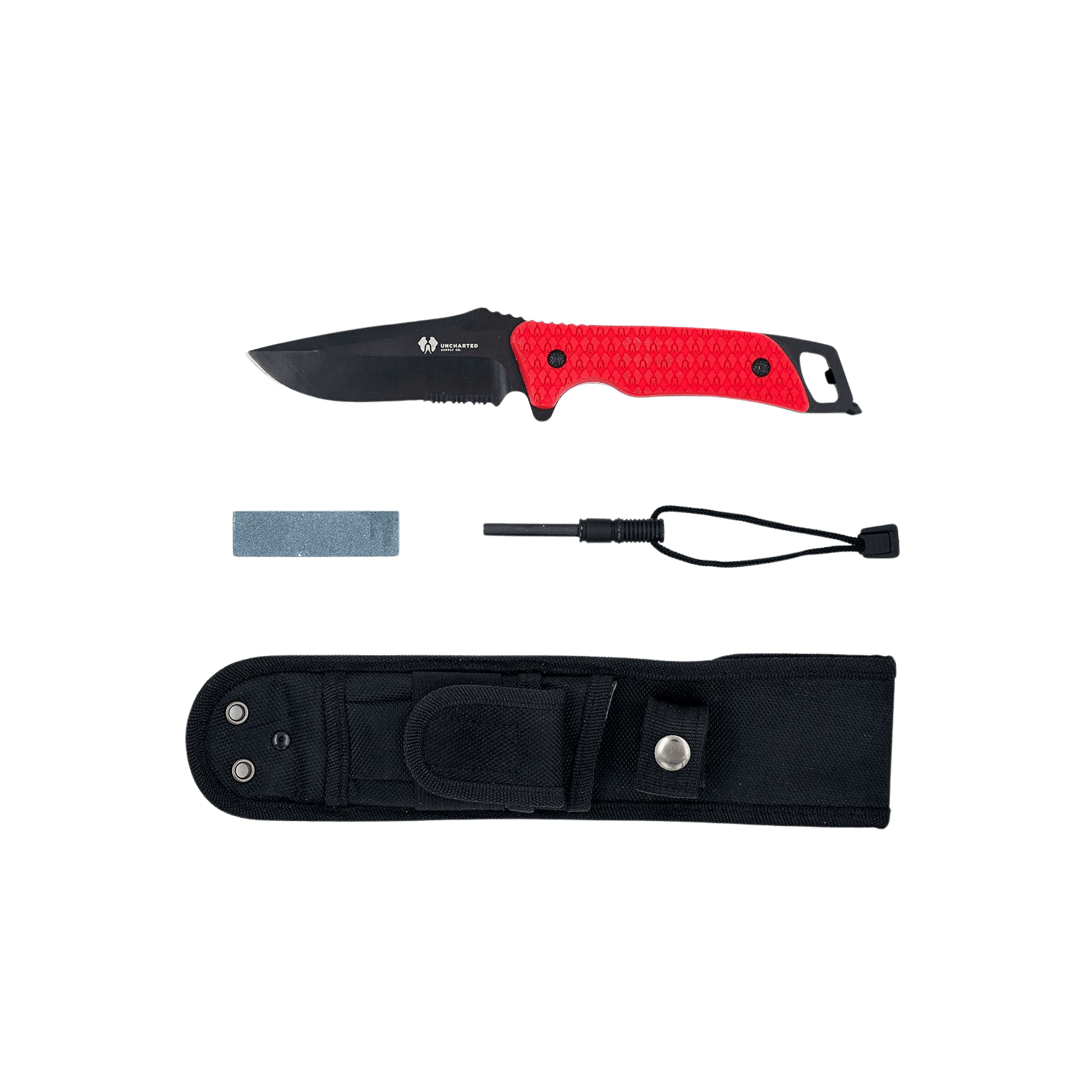 Empire Knife with full-tang blade, rubber grip, serrated and razor edges, bottle opener, and glass breaker in durable sheath