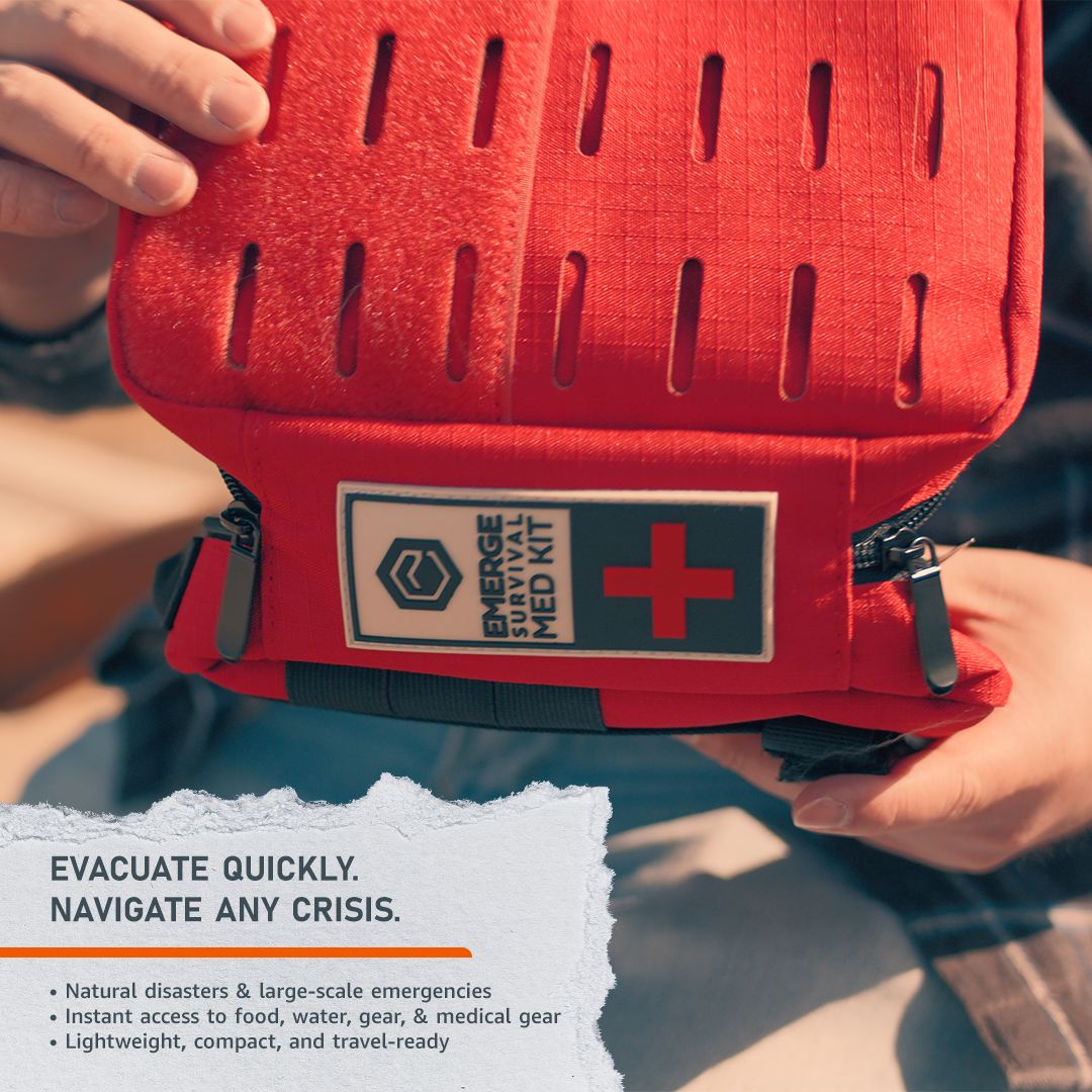 Emerge Survival Evacuation Bag 50L capacity with compartments and hydration sleeve for emergency preparedness