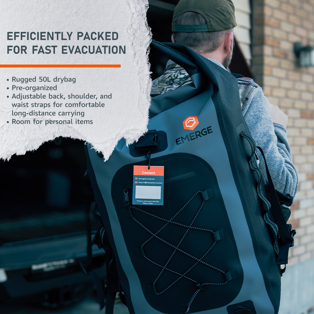 Emerge Survival Evacuation Bag with 50L capacity, multiple compartments, MOLLE webbing, padded straps, and water-resistant materials for emergency preparedness and outdoor survival.